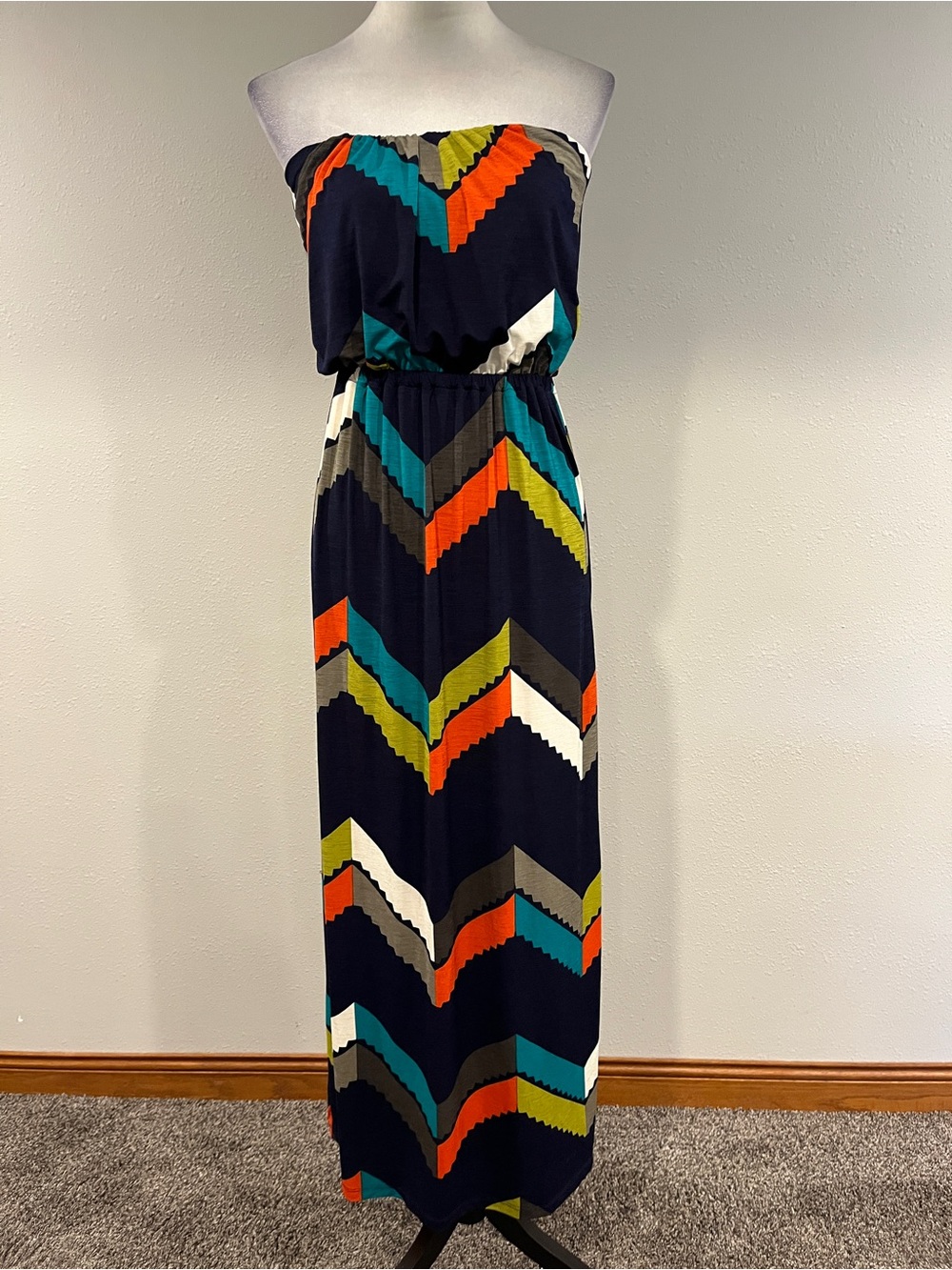 Strapless Chevron Maxi Dress in Navy with Multicolor Accents size small